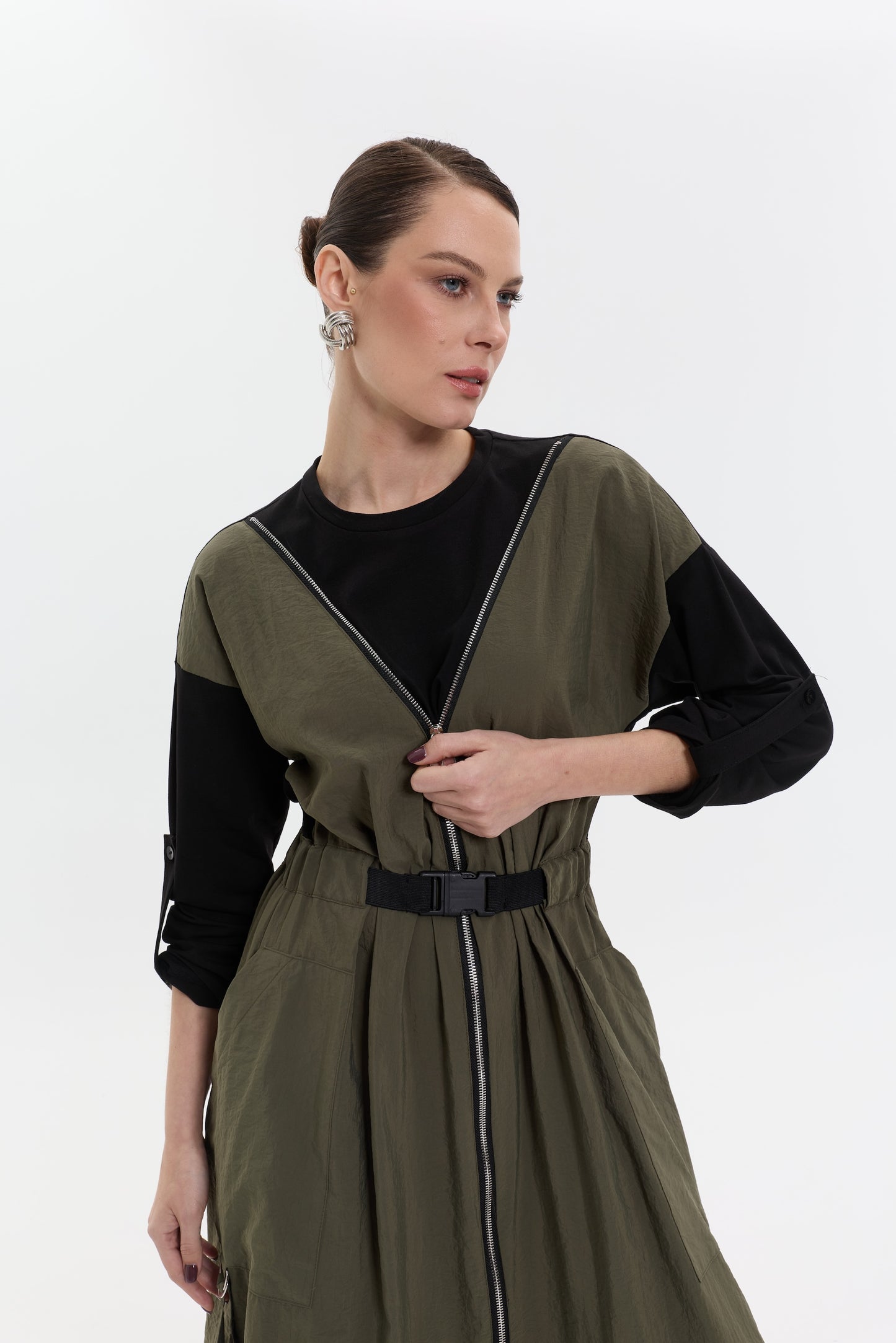Olive Zip Utility Dress | Fermuarlı Yeşil Uzun Kadın Elbise