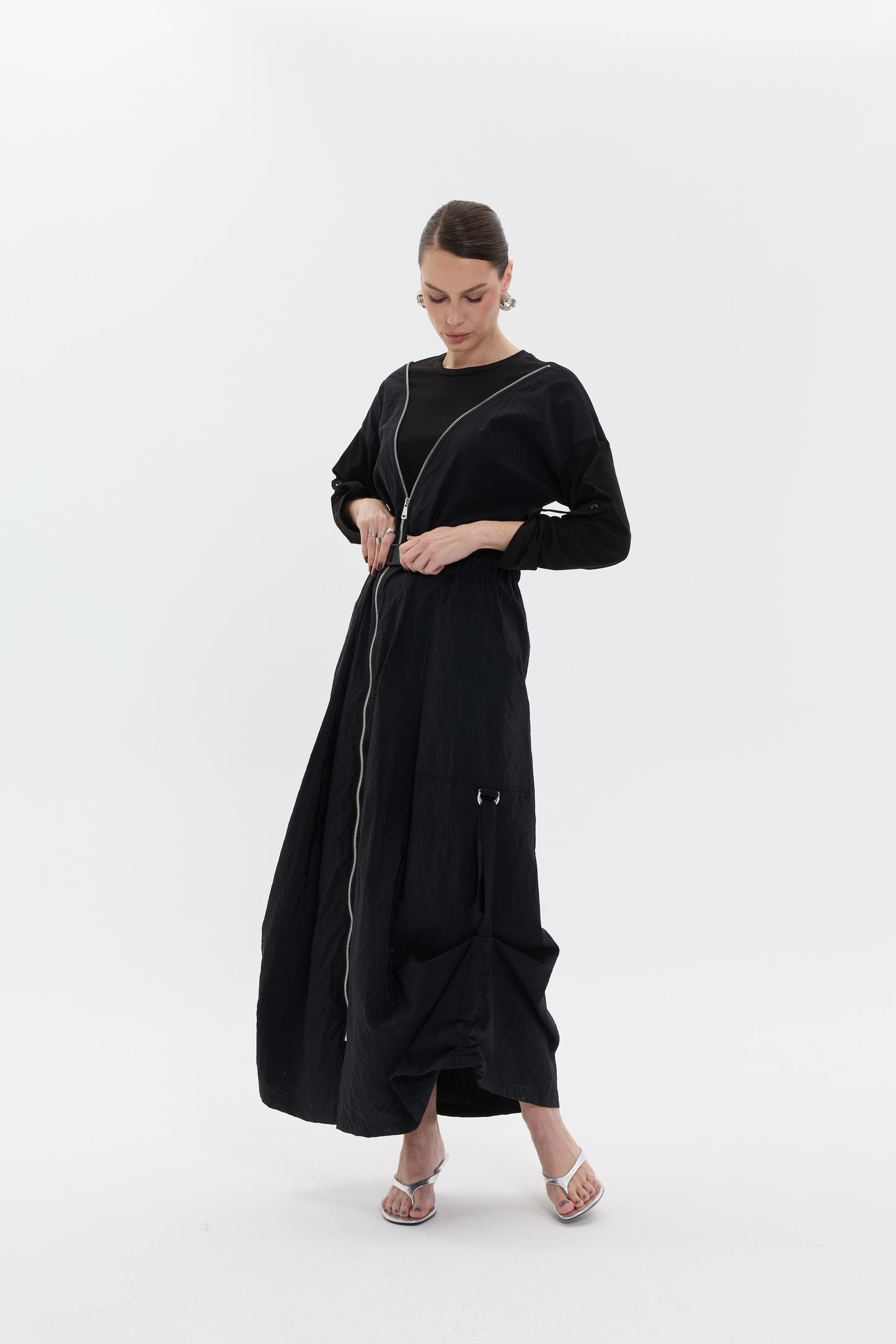 Noir Zip Utility Dress | Fermuarlı Siyah Uzun Kadın Elbise