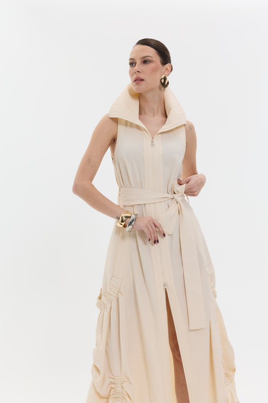 Ivory Form Dress | Fermuarlı Bej Uzun Kadın Elbise