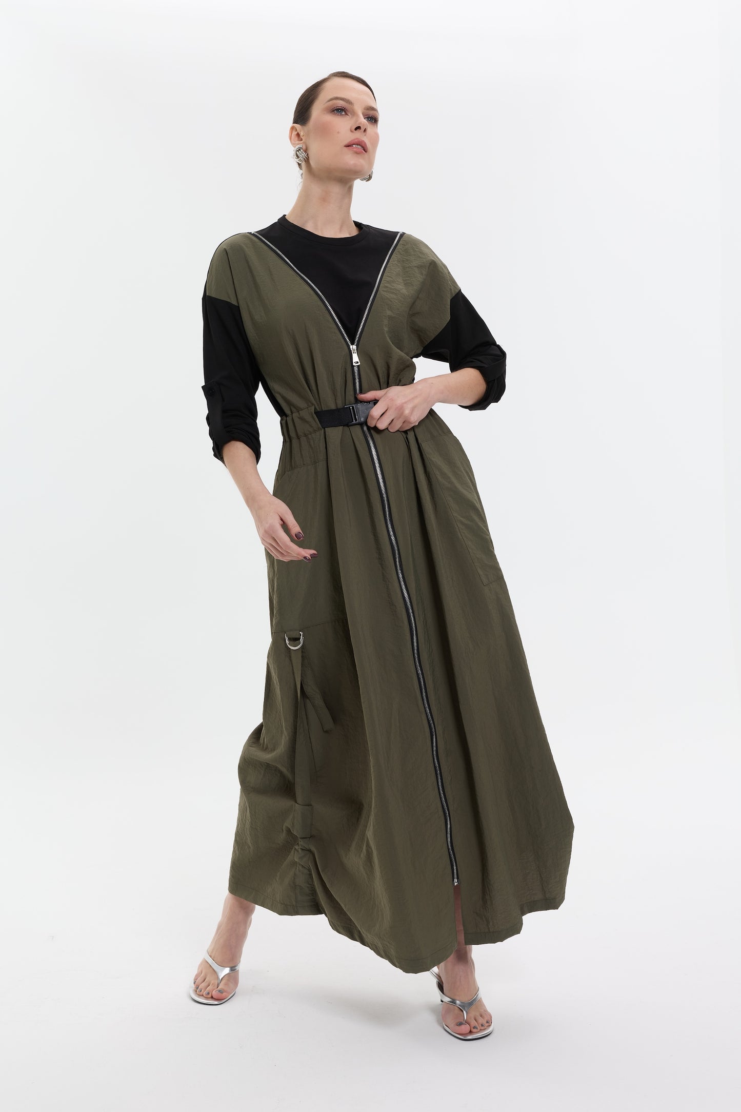 Olive Zip Utility Dress | Fermuarlı Yeşil Uzun Kadın Elbise