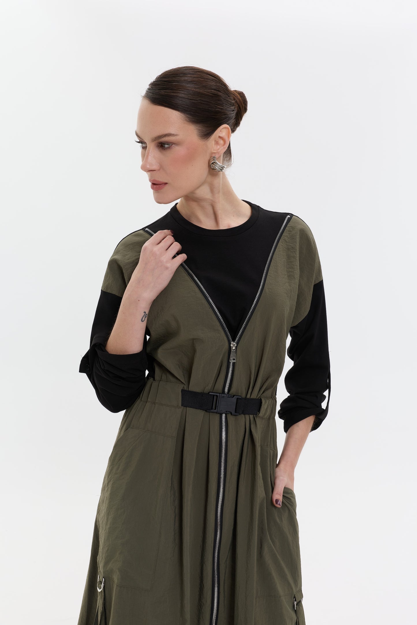 Olive Zip Utility Dress | Fermuarlı Yeşil Uzun Kadın Elbise