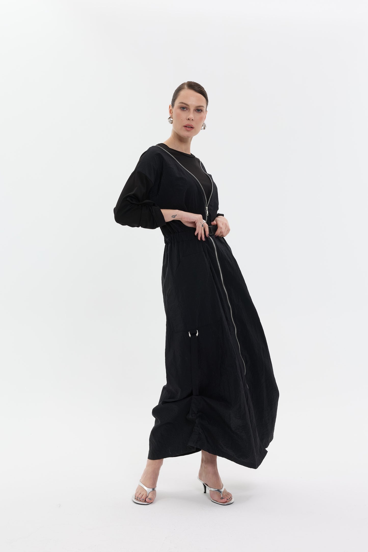 Noir Zip Utility Dress | Fermuarlı Siyah Uzun Kadın Elbise