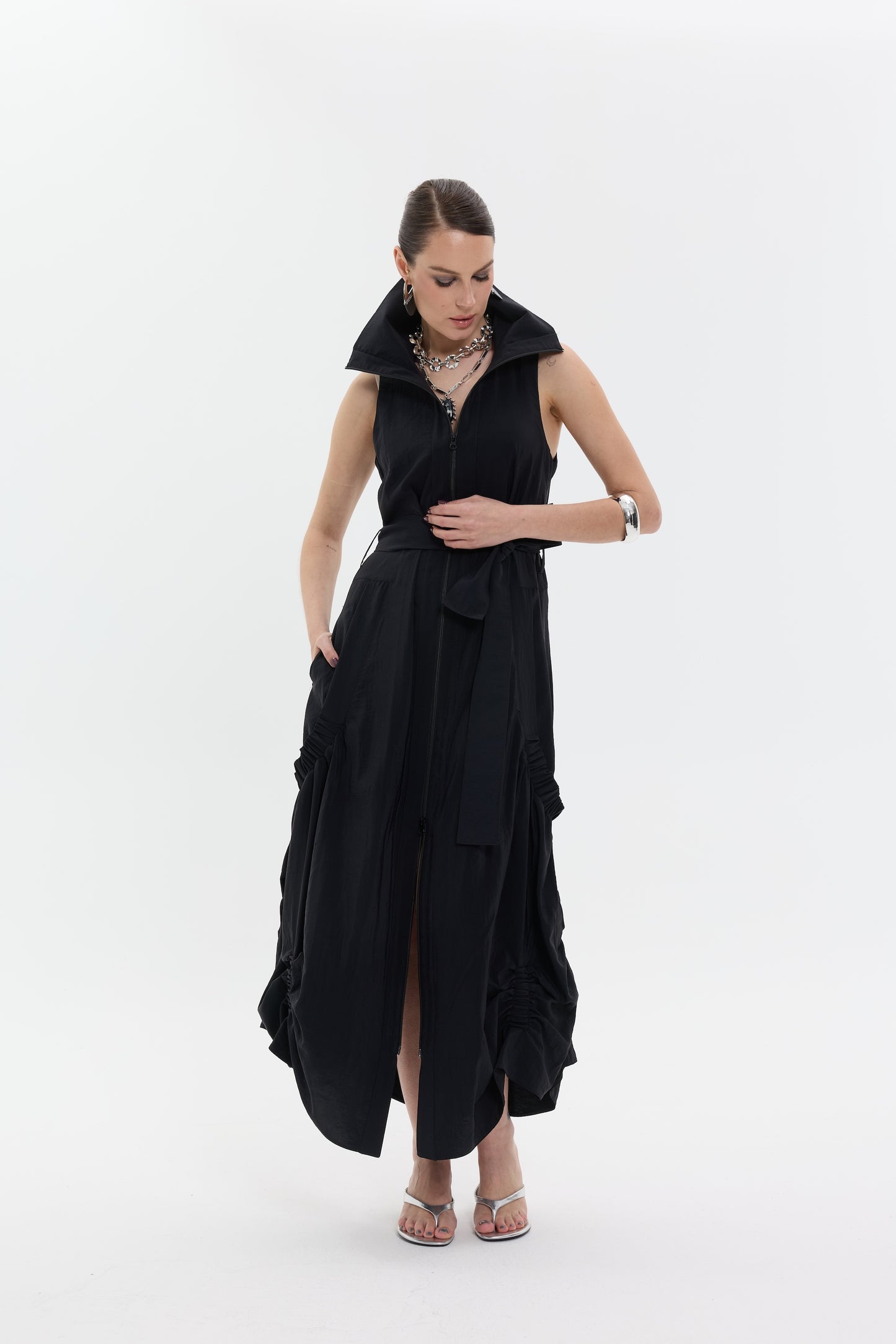Noir Form Dress | Fermuarlı Siyah Uzun Kadın Elbise