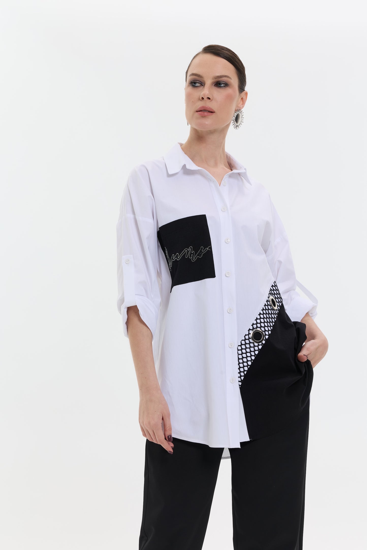 Ivory Contrast Shirt | Kontrast Detaylı Kadın Gömlek