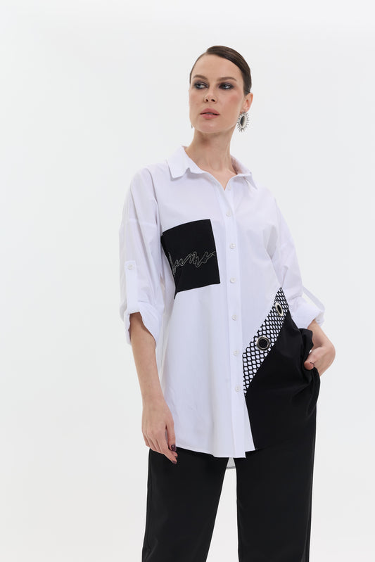 Ivory Contrast Shirt | Kontrast Detaylı Kadın Gömlek