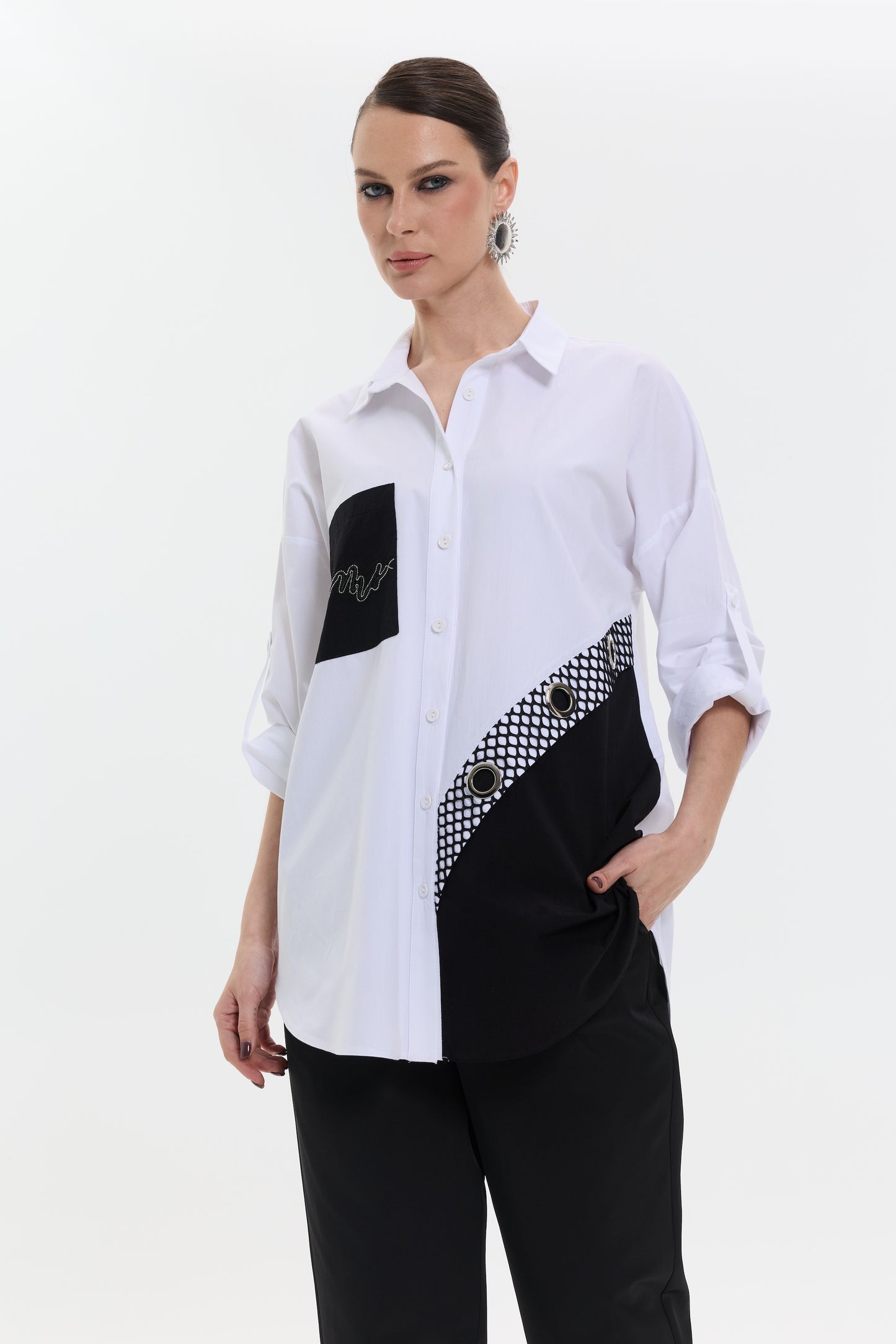 Ivory Contrast Shirt | Kontrast Detaylı Kadın Gömlek