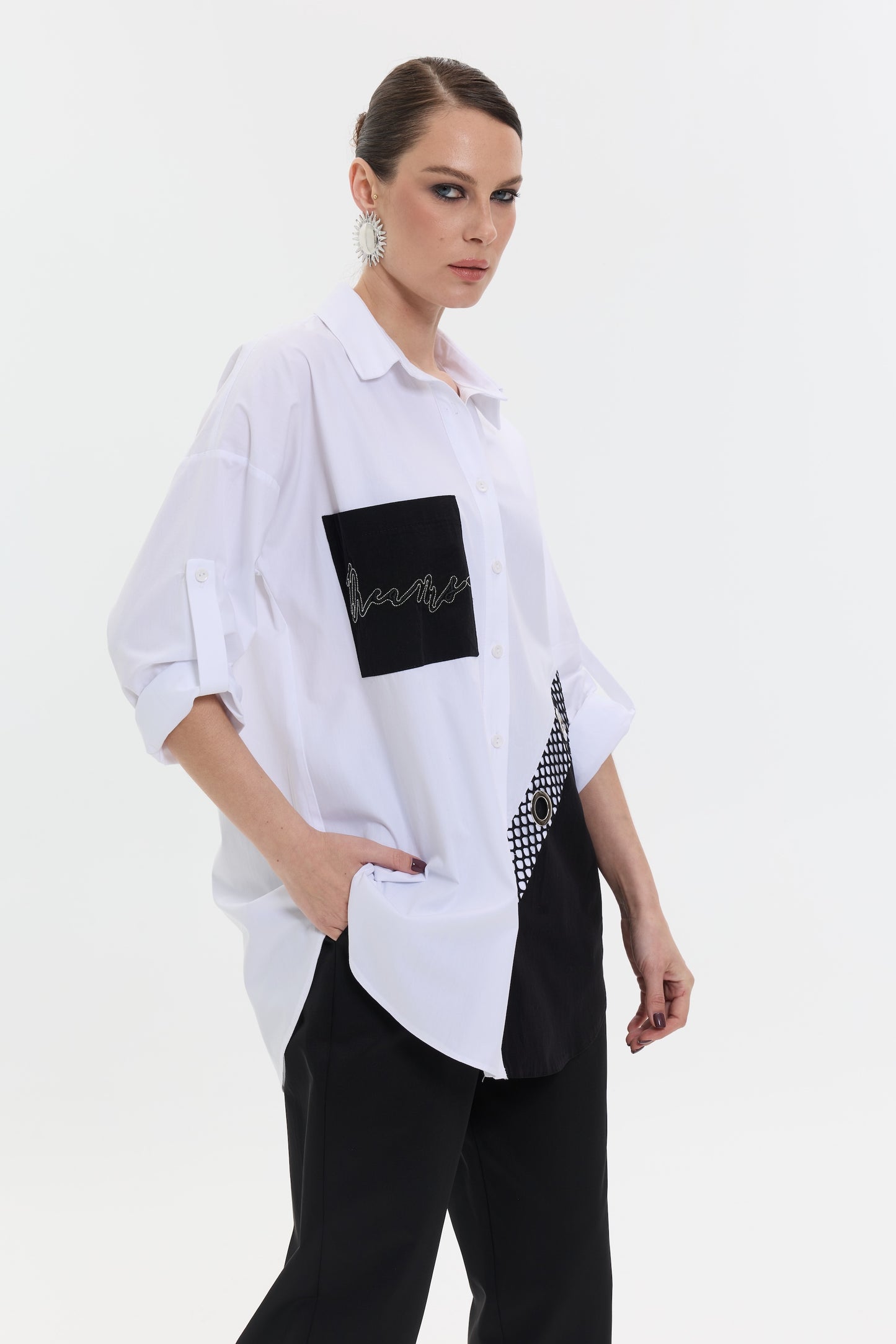 Ivory Contrast Shirt | Kontrast Detaylı Kadın Gömlek