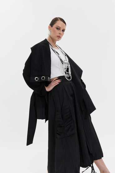 Noir Utility Flow Skirt | Cepli Siyah Uzun Kadın Etek