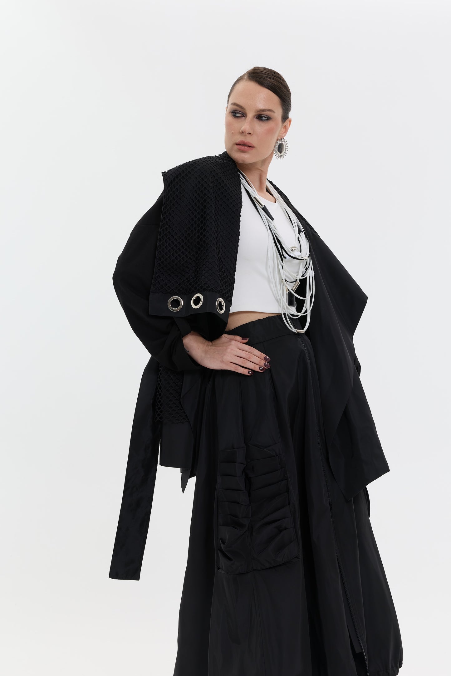 Noir Utility Flow Skirt | Cepli Siyah Uzun Kadın Etek