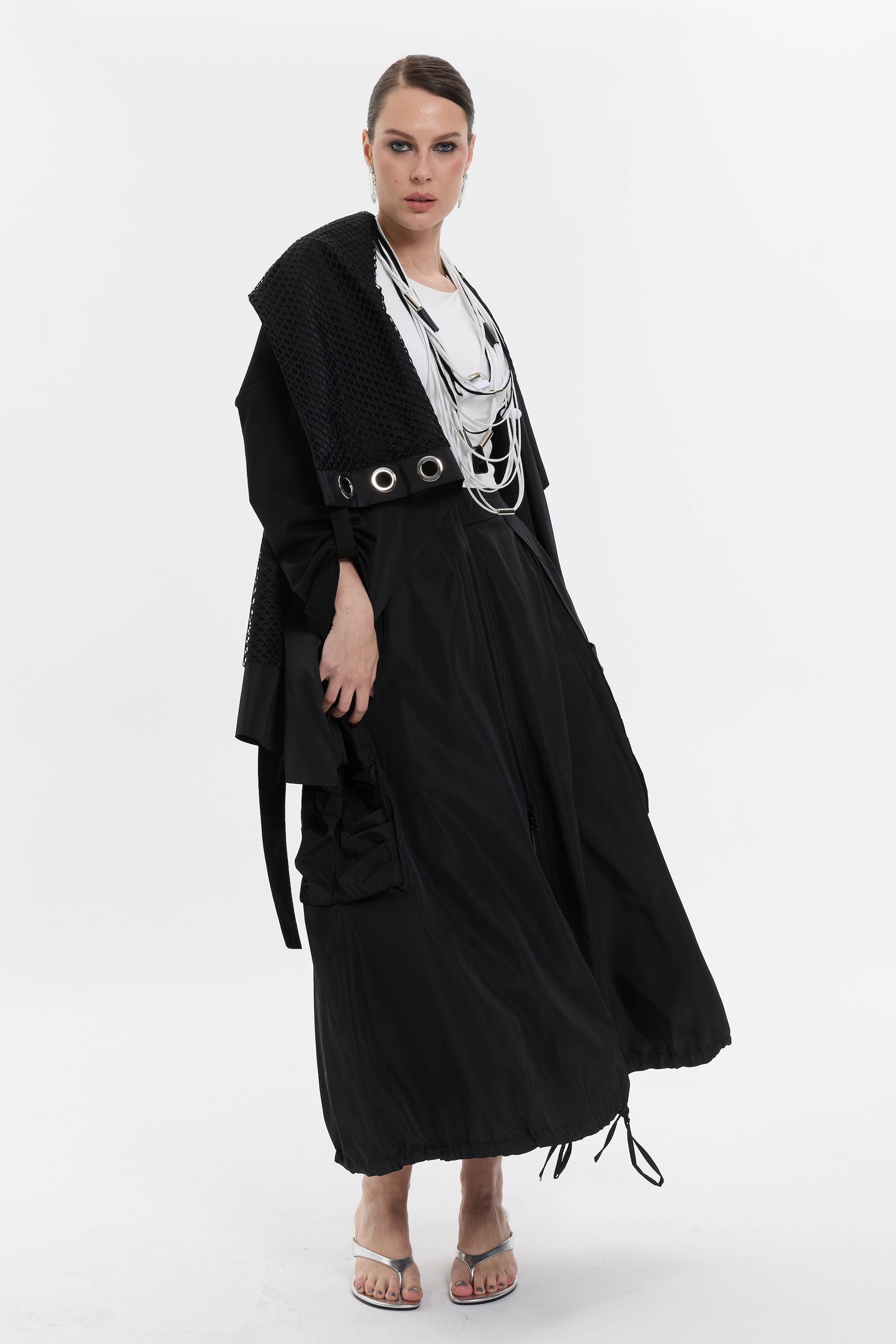 Noir Utility Flow Skirt | Cepli Siyah Uzun Kadın Etek