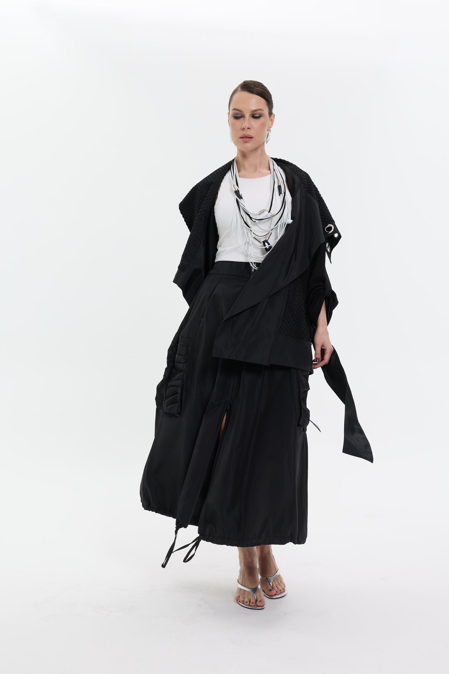 Noir Utility Flow Skirt | Cepli Siyah Uzun Kadın Etek