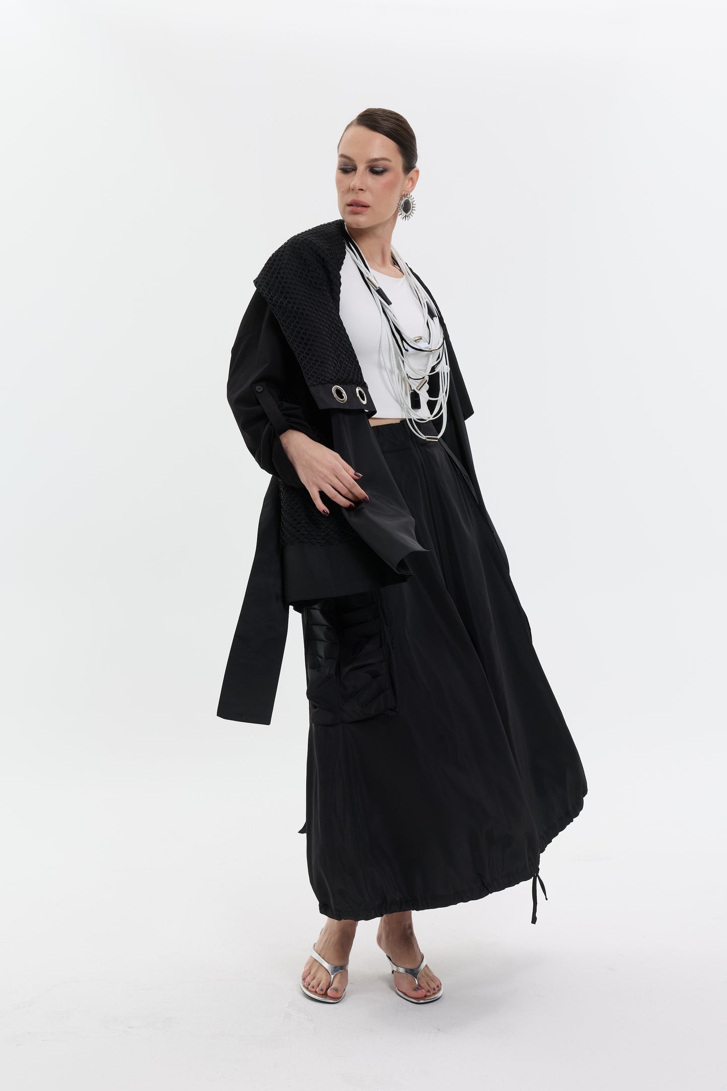 Noir Utility Flow Skirt | Cepli Siyah Uzun Kadın Etek