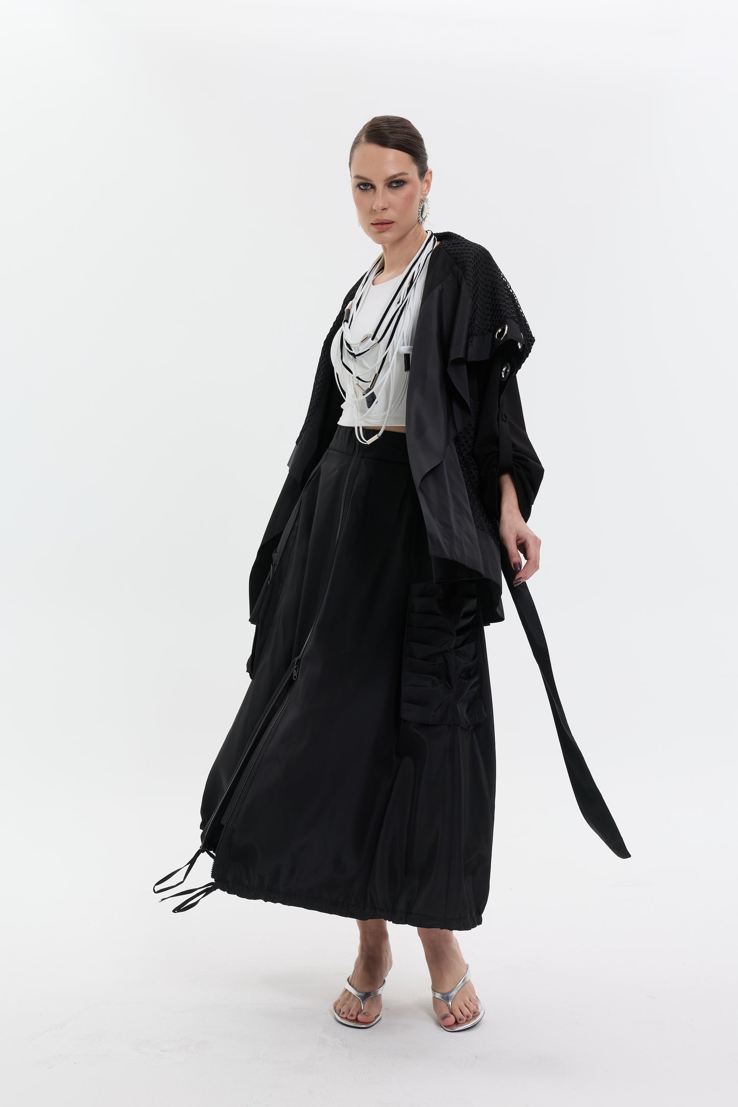 Noir Utility Flow Skirt | Cepli Siyah Uzun Kadın Etek